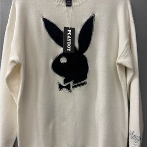 PLAYBOY Cream Sweater with Black Bunny Patch new with tags size S/M